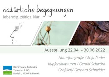 Ausstellung von Naturfotografien / Kupferskulpturen / Grafiken in der Feldsteinscheune Bollewick