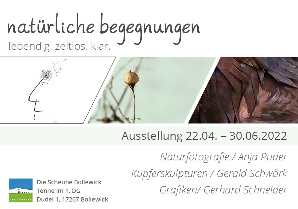 Ausstellung von Naturfotografien / Kupferskulpturen / Grafiken in der Feldsteinscheune Bollewick